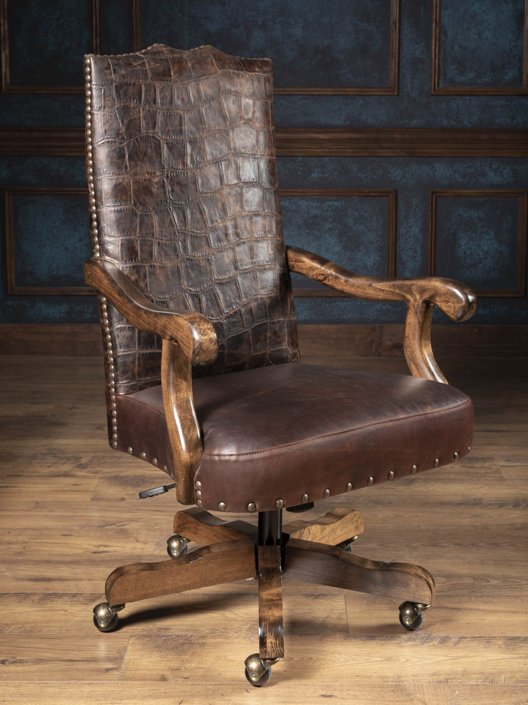 The Chocolate Gator Leather Desk Chair handcrafted with a jumbo crocodile embossed high back, smooth chocolate brown leather seat, and solid hardwood frame for a Western home office.