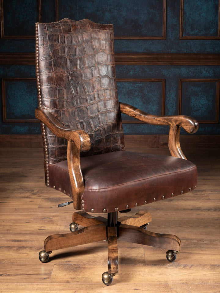 The Chocolate Gator Leather Desk Chair handcrafted with a jumbo crocodile embossed high back, smooth chocolate brown leather seat, and solid hardwood frame for a Western home office.