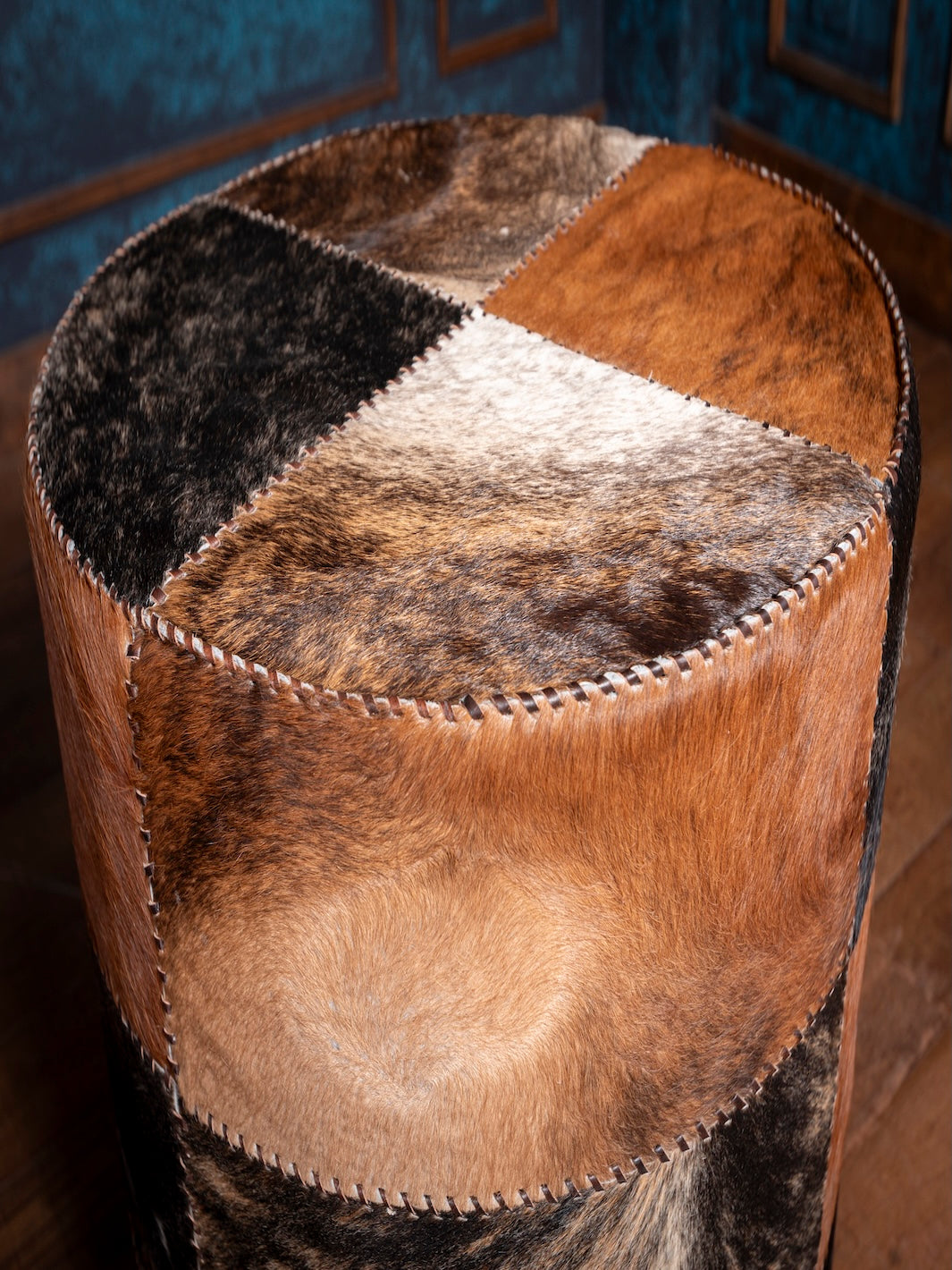 Western Cowhide Patchwork Round Ottoman with Fringe