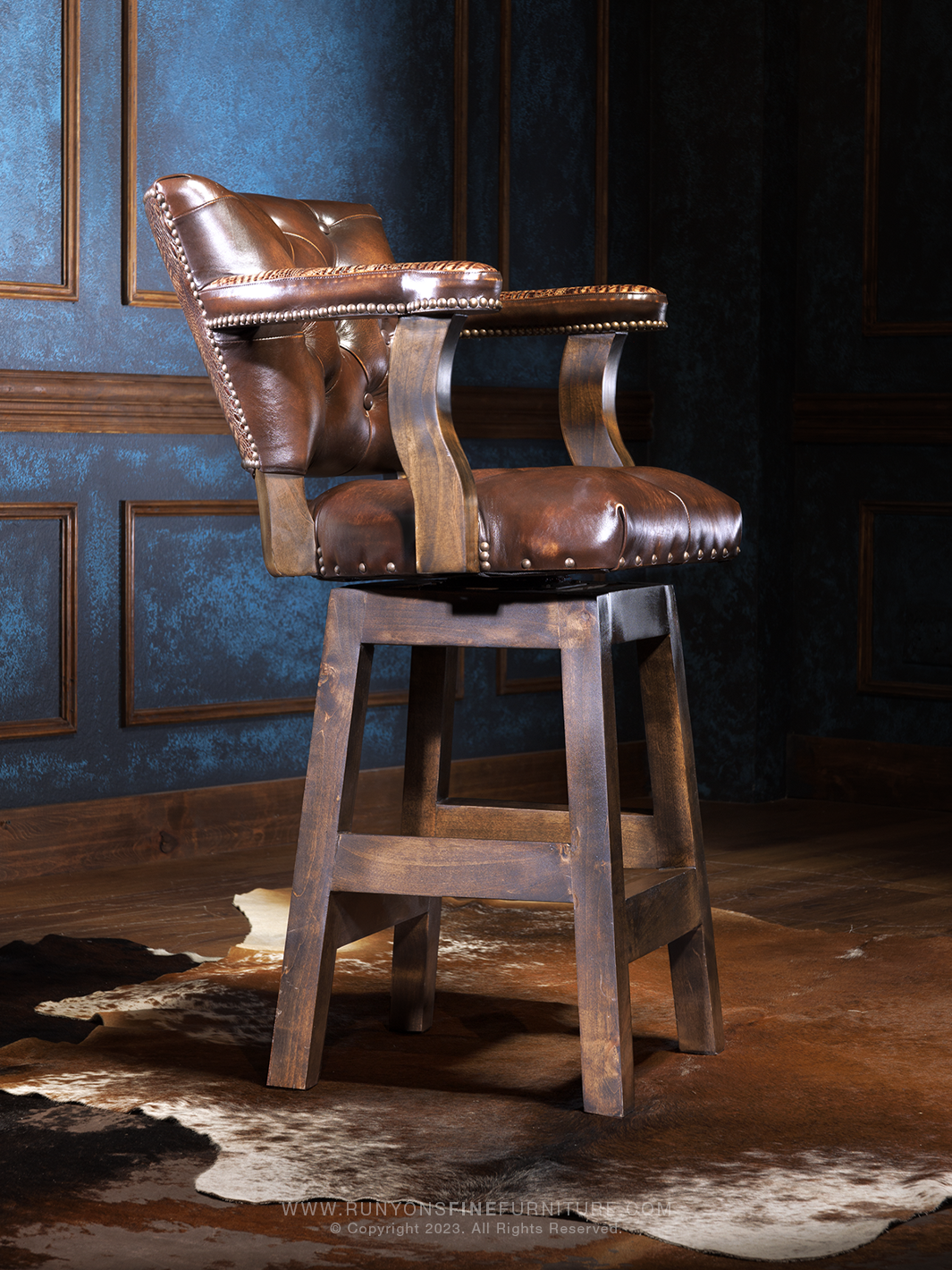 Crocodile Brown Leather Bar Stool in burnished Puglia brown leather with brown stamped crocodile trim in a western room.