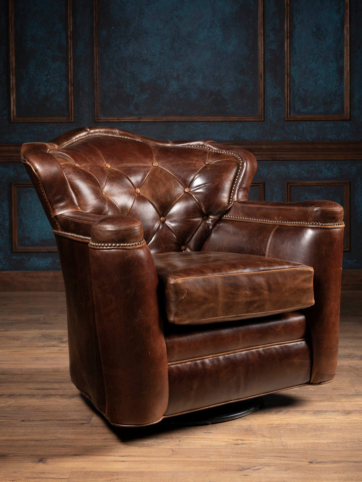 Dark Rum tufted leather swivel chair with full-grain buffalo leather and deep diamond tufting, front view