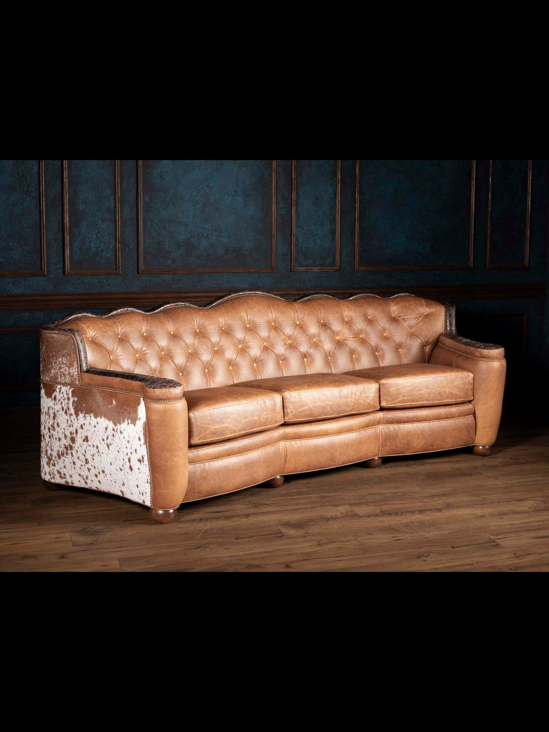 Golden Range Leather Sofa in a warm brown leather and rustic accents in a western living space.  