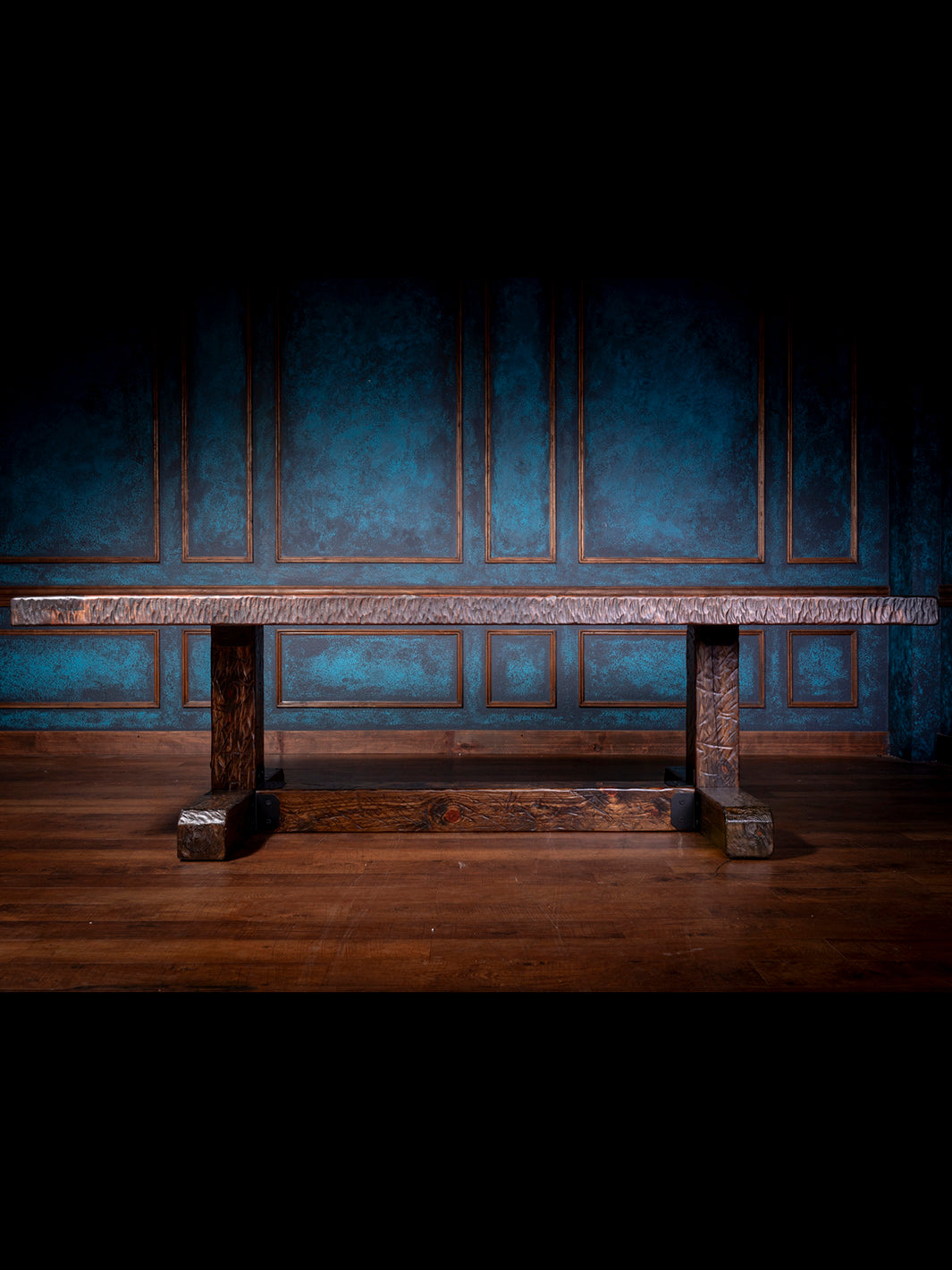 Knotty Alder Rustic Dining Table in solid knotty alder wood with dark rustic stain, hand-hewn edge and trestle base. 