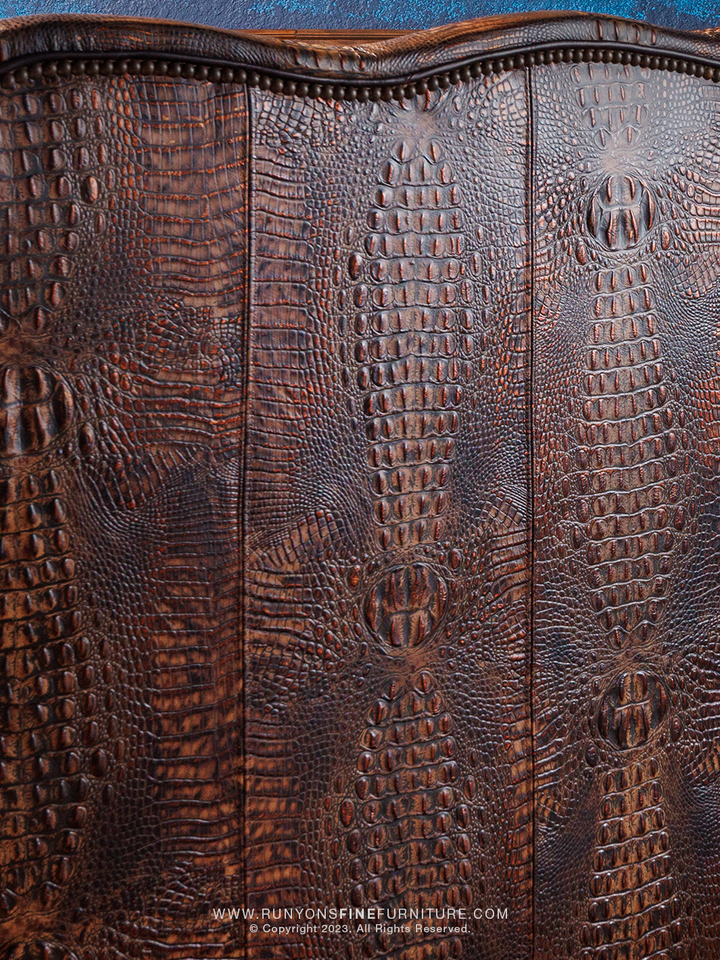 Lakota Utah Red Leather Sofa outside back in brown crocodile stamped leather in a close-up view.