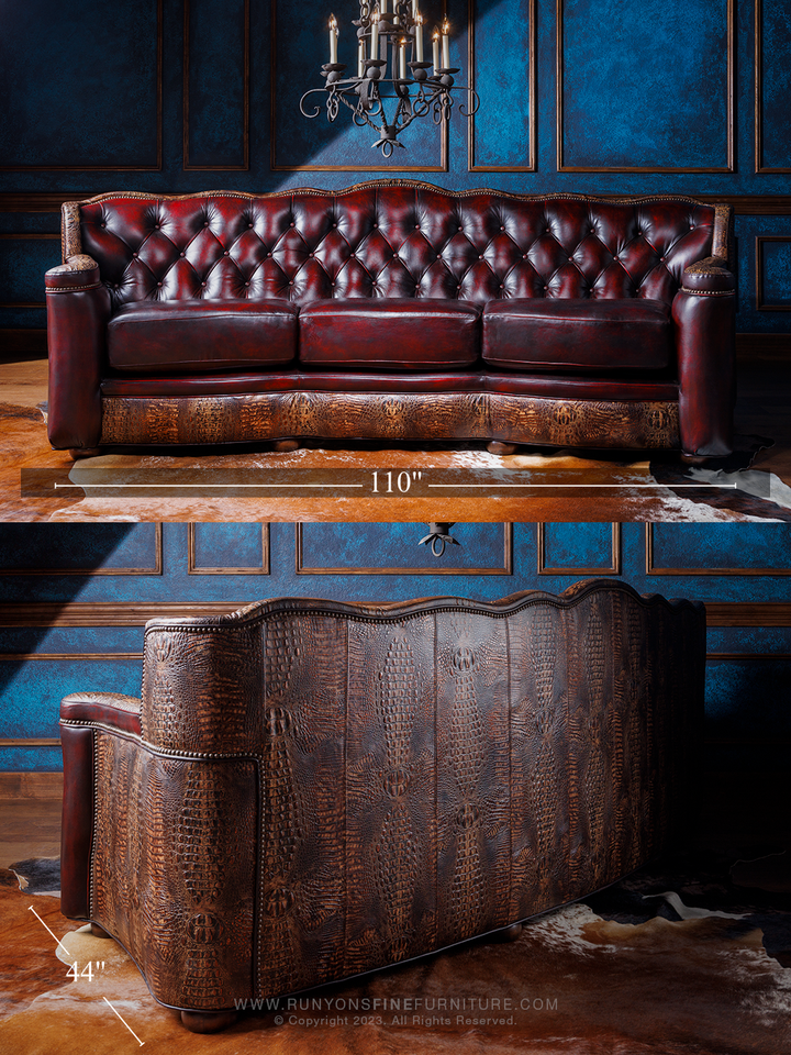 Lakota Utah Red Leather Sofa size guide with overall length and width for living room planning.