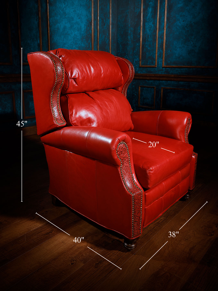 Red Rider Western Leather Recliner sizw guide with seat depth, overall height, and width for room planning.