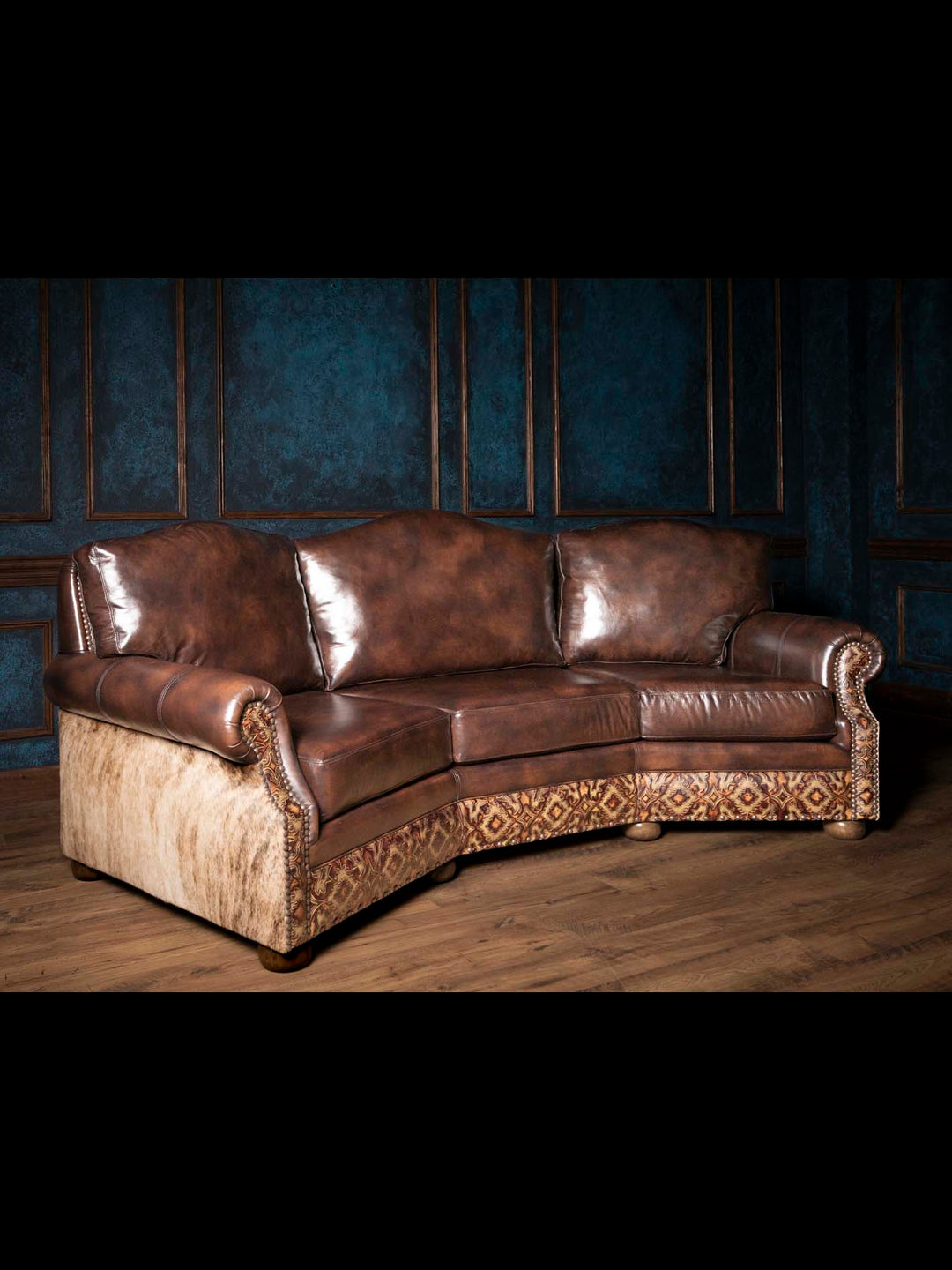 Burnished Brown Leather Curved Sofa