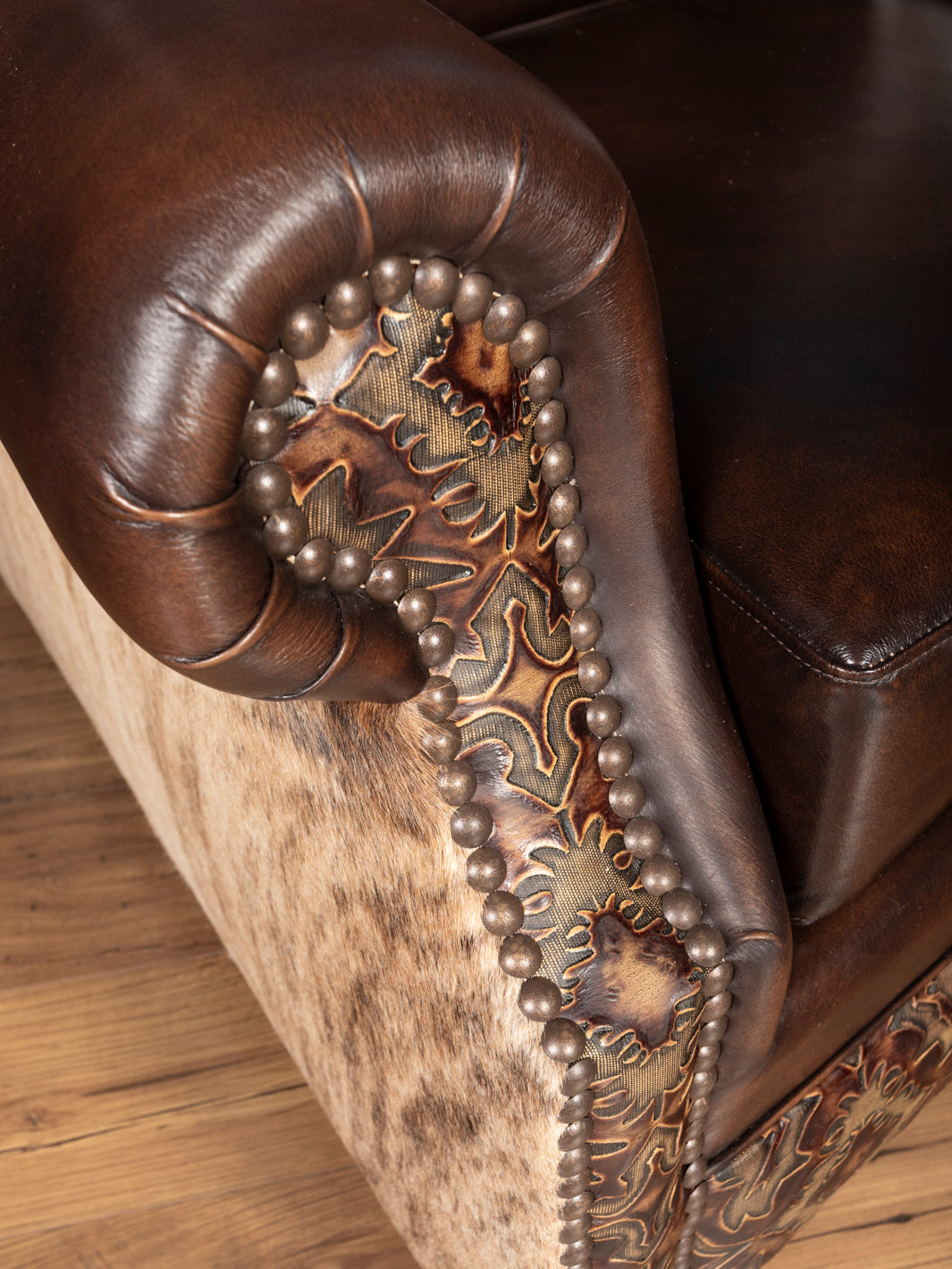 Burnished Brown Leather Curved Sofa