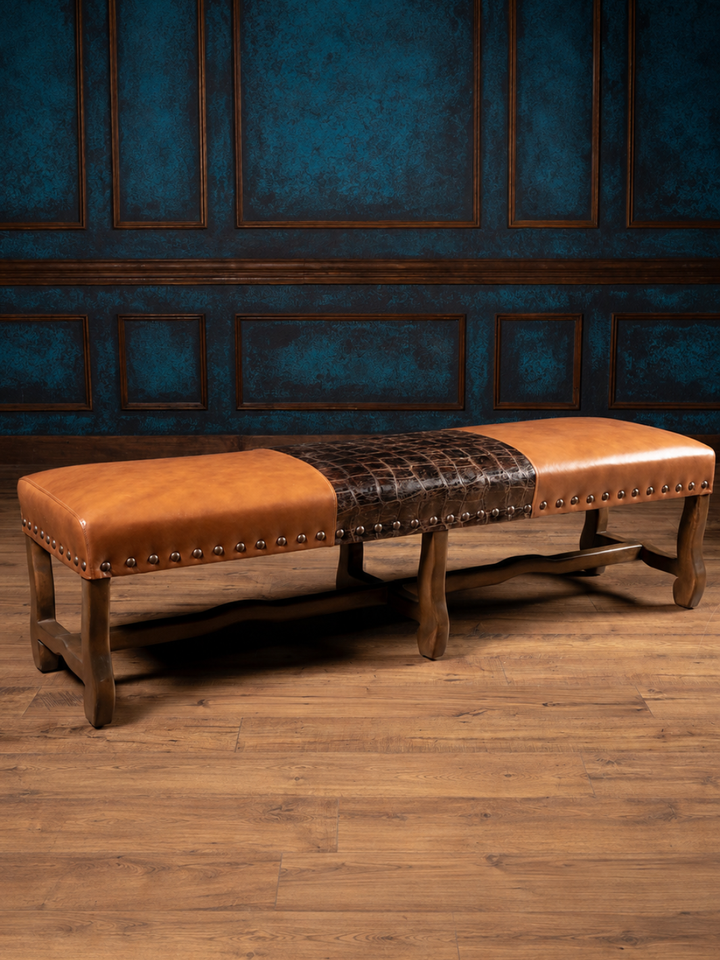 Santa Fe Western leather bench handcrafted with burnished full-grain aniline leather, jumbo crocodile-embossed leather accent, brass nailhead trim, and solid hardwood base.