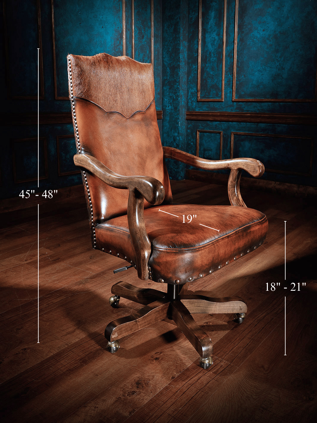 Sanderson Western Leather Desk Chair dimensions with adjusted height and seat depth for office room planning.