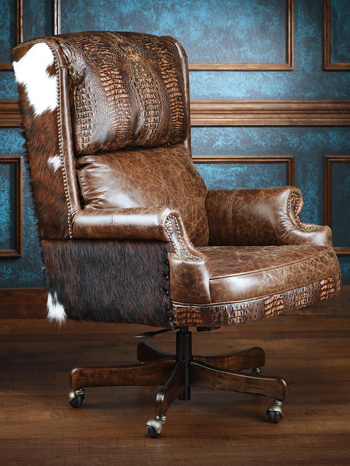 Santa Fe Western Office Chair with cowhide panels and crocodile embossed leather accents in a western office space.