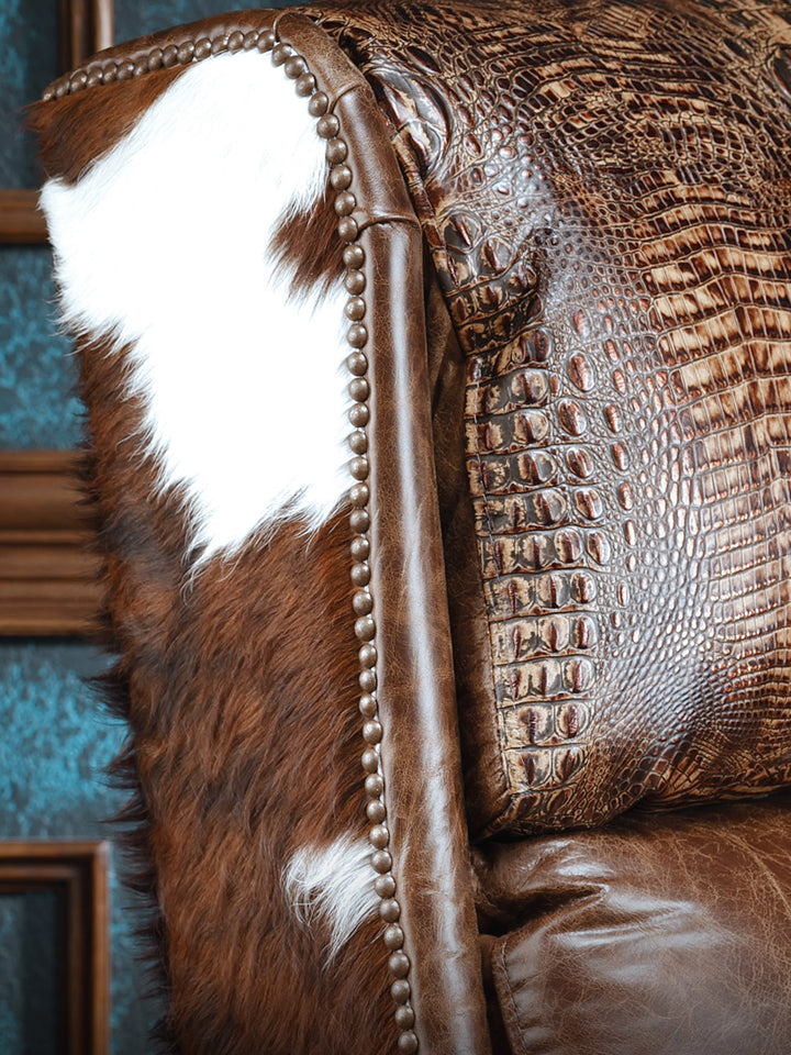 Santa Fe Western Office Chair with hair-on-hide detailing, nailhead trim, and crocodile leather head cushion.