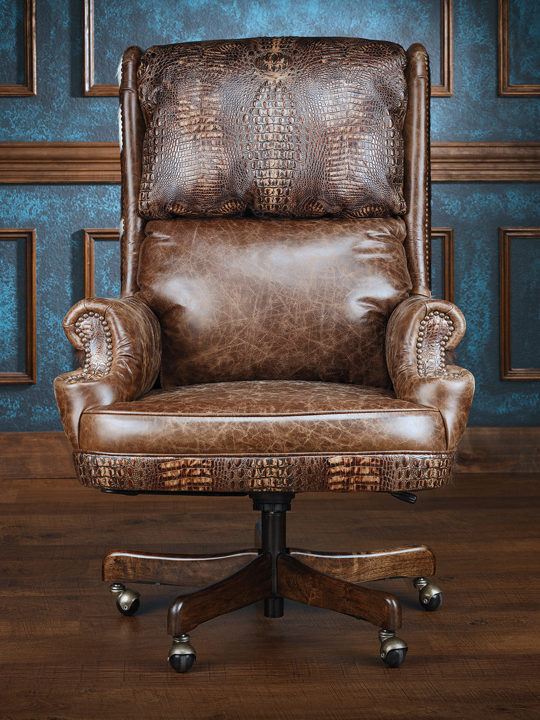 Santa Fe Western Office Chair with top grain brown leather seats and crocodile leather accents in a western office. 