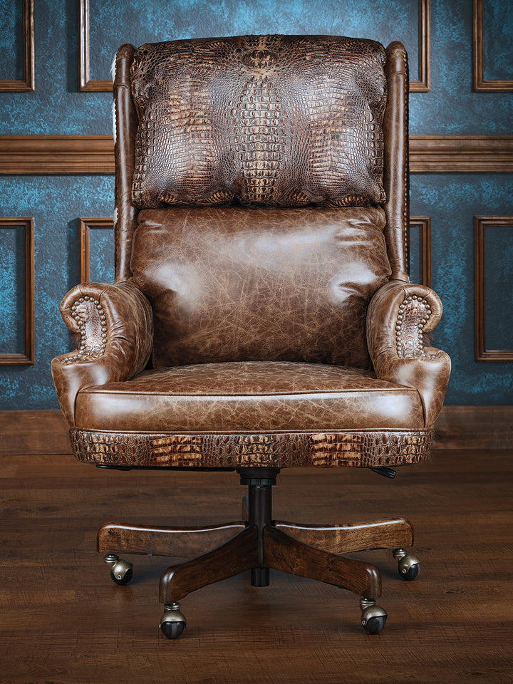 Santa Fe Western Office Chair with top grain brown leather seats and crocodile leather accents in a western office. 
