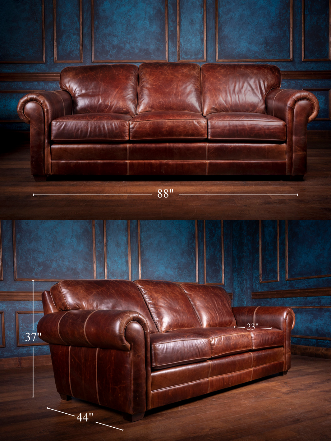 Sierra Leather Sofa size guide with overall length, width height, and seat depth for room planning.