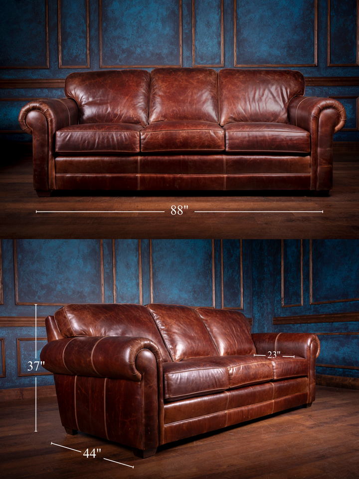 Sierra Leather Sofa size guide with overall length, width height, and seat depth for room planning.