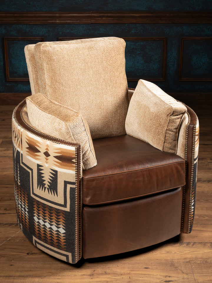 High-angle front view of the Adobe Trail southwestern accent chair showcasing the plush oatmeal-colored textured chenille backrest and deep matching arm pillows nested inside the upholstered leather frame.