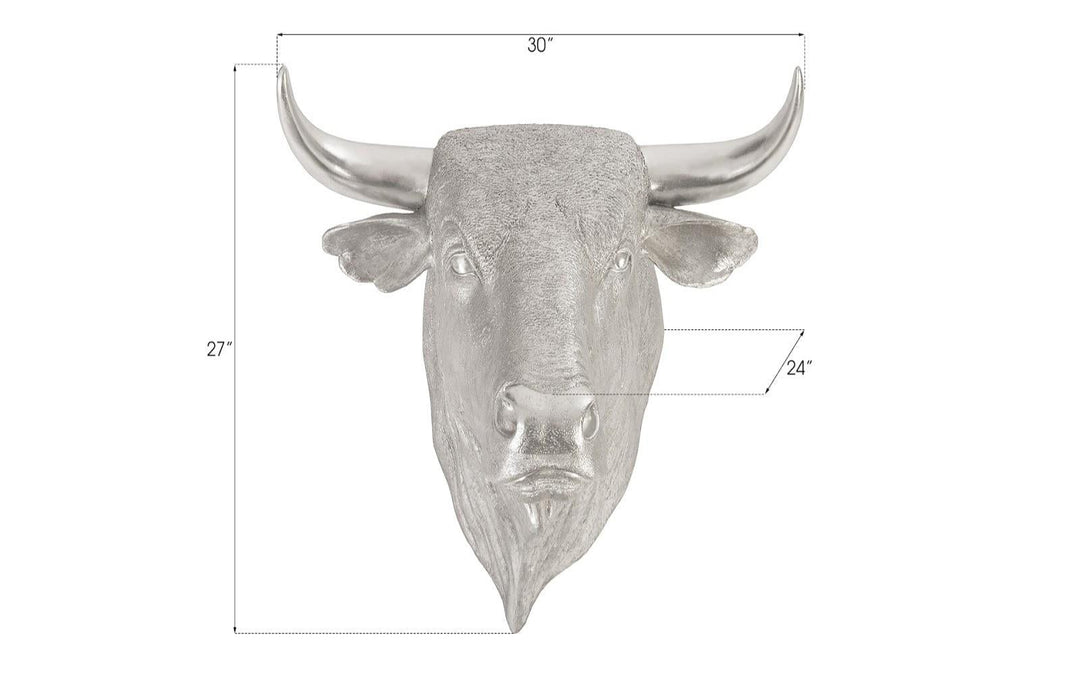 Silver bull head wall decoration with measurements on a white background
