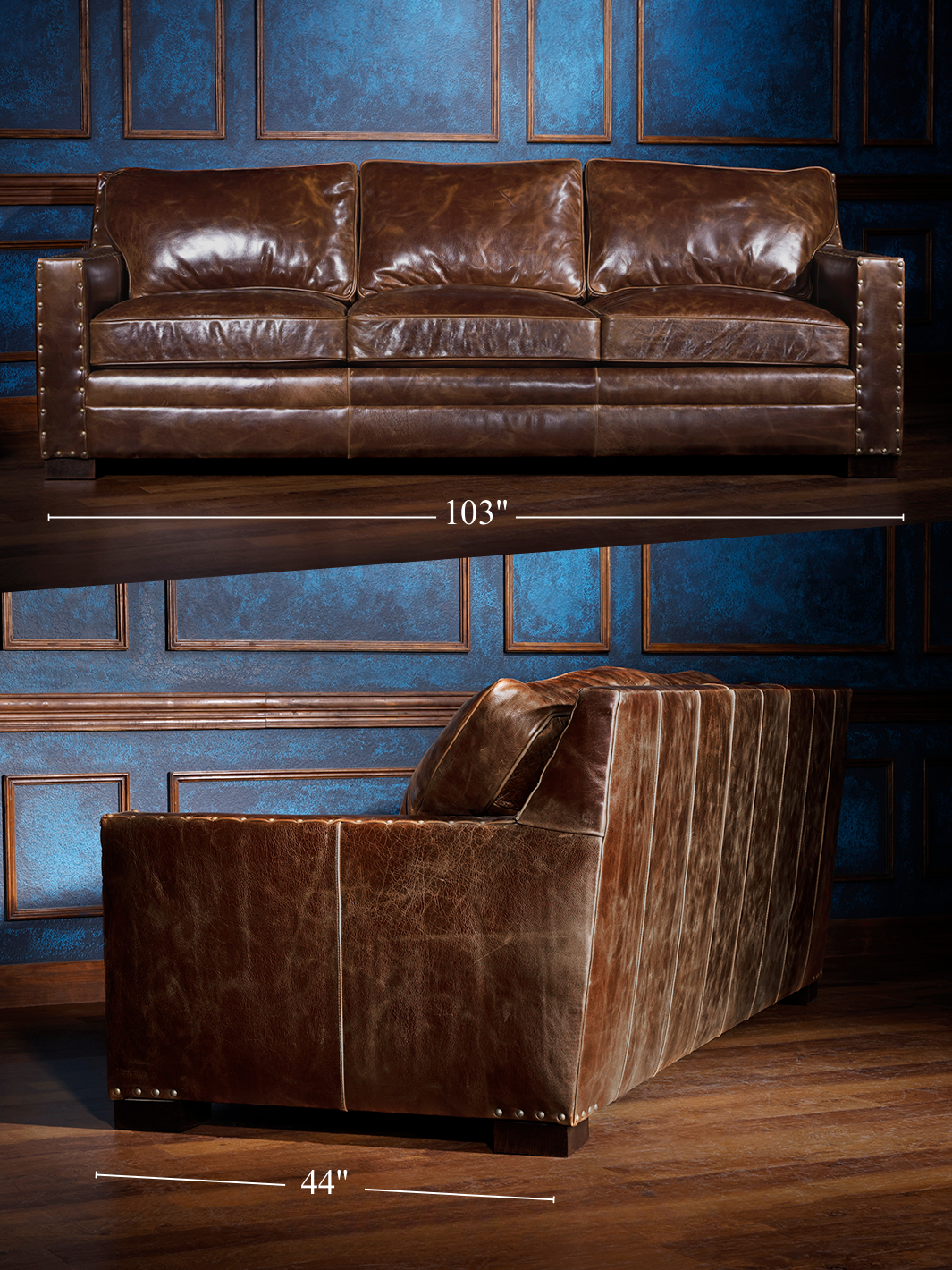 Tennessee Whiskey Brown Leather Sofa size guide with overall length and width for room planning.