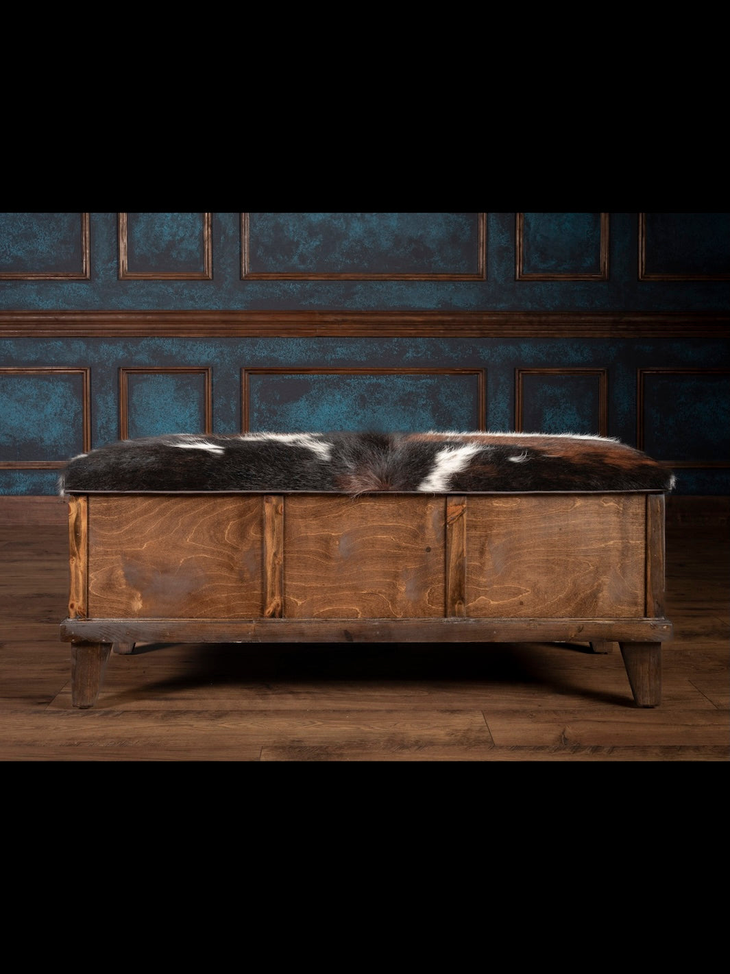Tri Color Cowhide Storage Trunk Bench