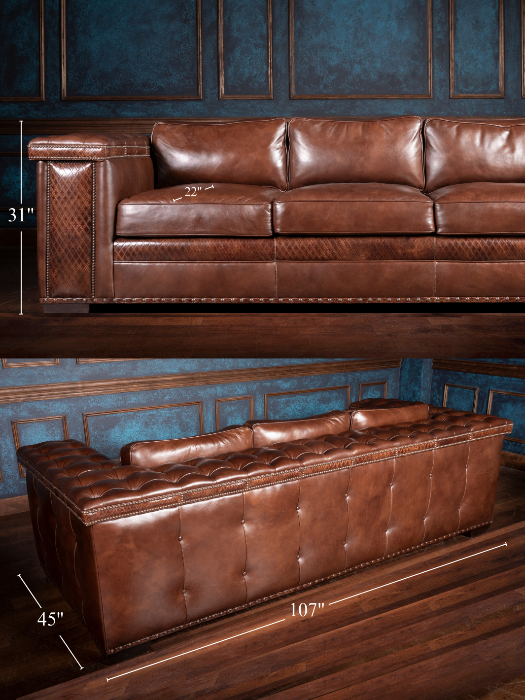 Tufted Cigar Lounge Leather Sofa size guide with overall length, width, and seat depth for room planning.