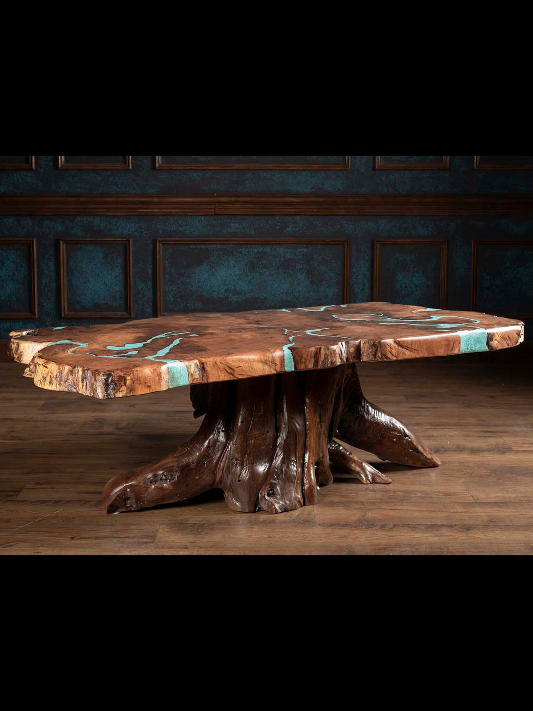 Front view of the Turquoise Inlay Mesquite Coffee Table with a live-edge solid wood top and sculptural mesquite base.