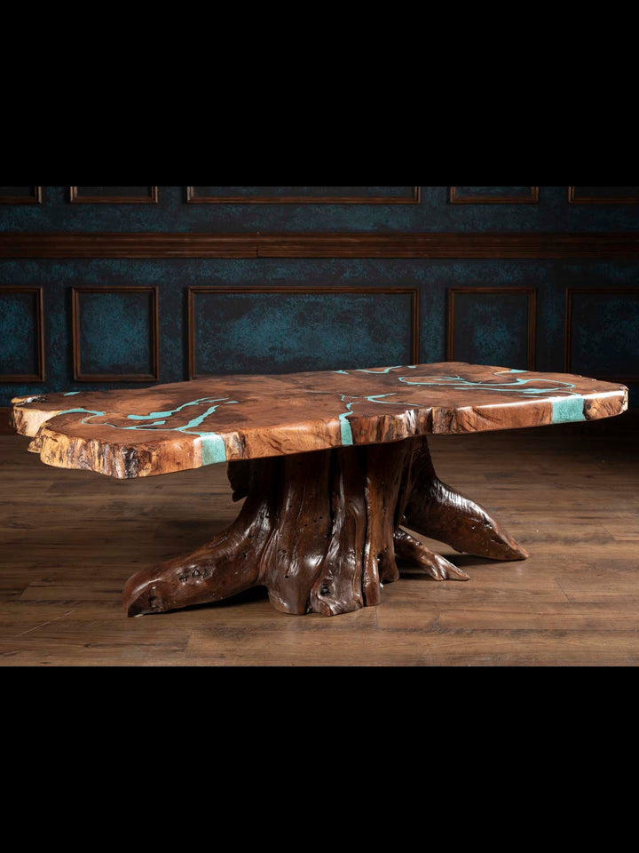 Front view of the Turquoise Inlay Mesquite Coffee Table with a live-edge solid wood top and sculptural mesquite base.