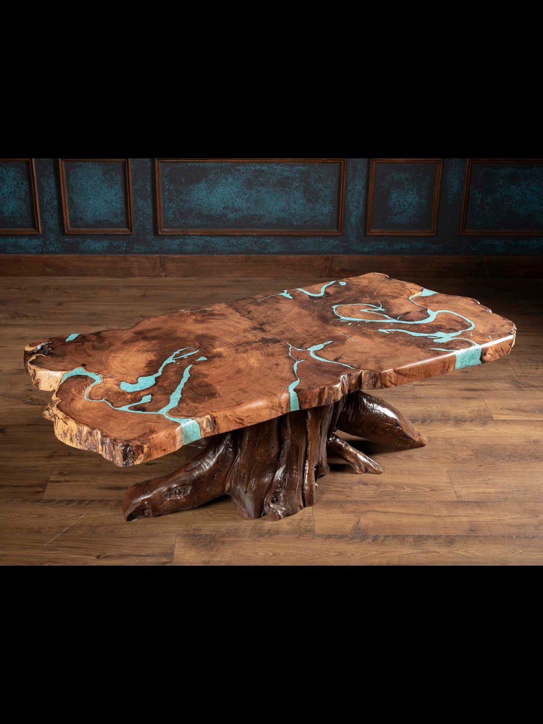 Elevated view of the Turquoise Inlay Mesquite Coffee Table showing turquoise-filled openings and a live-edge wood top.