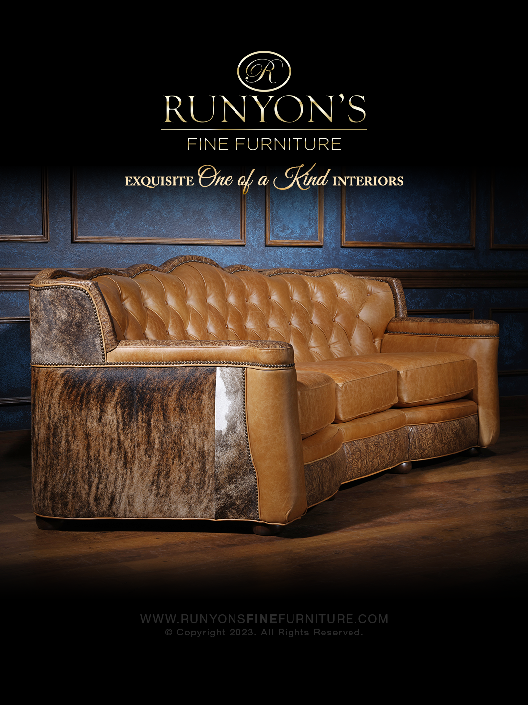 Western Heritage Tan Leather Sofa in Sierra Tan leather with embossed floral trim and cowhide accents in a moody western setting.