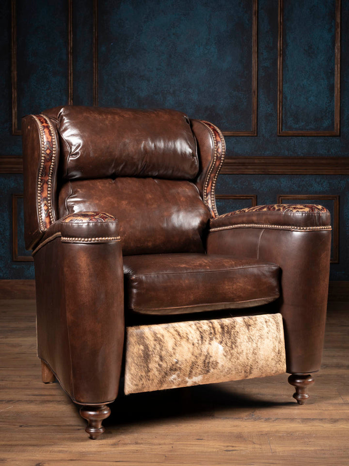 Burnished Brown Leather Utah Bronco Recliner, front view of the handcrafted Western pushback recliner