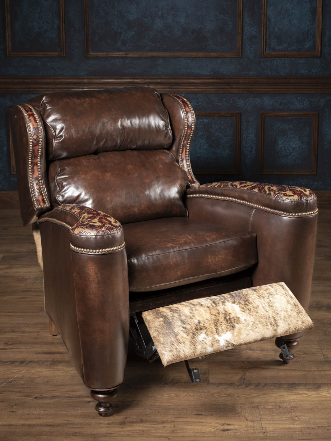 Burnished brown leather recliner shown in the reclined position