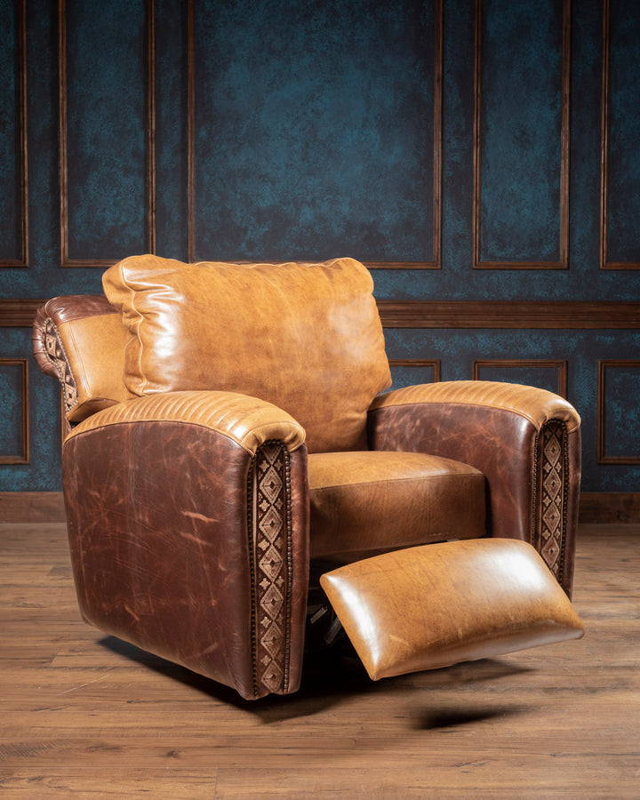 The Dutton leather swivel recliner chair fully extended showcasing the smooth hidden manual pushback footrest mechanism.