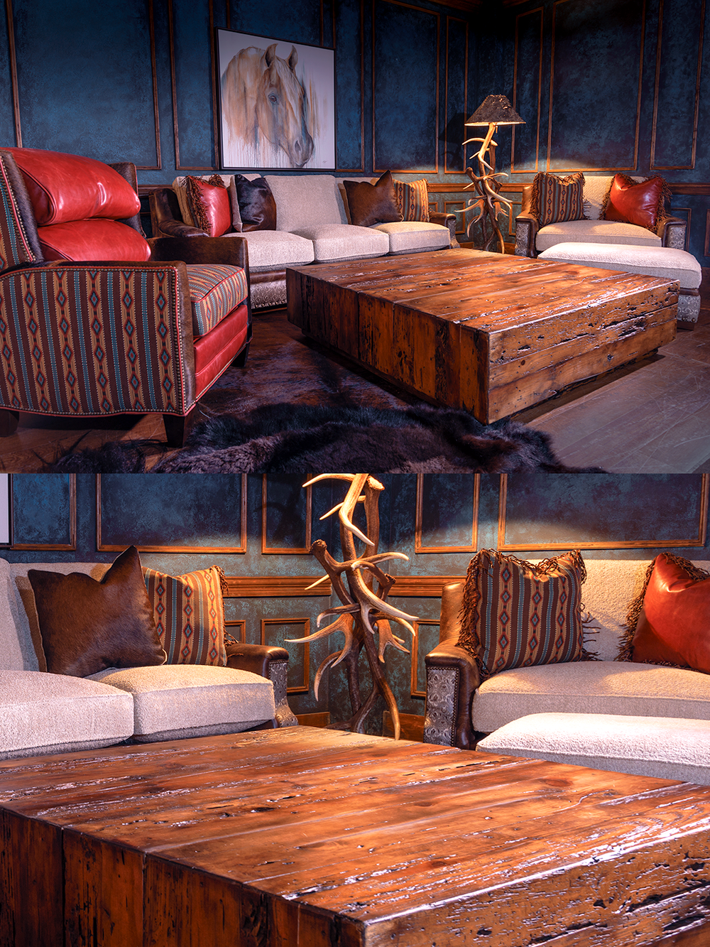 full view of room setting with wooden coffee table in center sitting on hair on hide rug, surrounded by western fabric sofa with leather sides, western fabric accent chair with leather sides, western ottoman, and red accent recliner chair