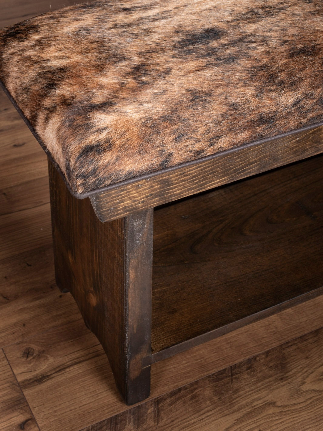 Pecan Brindle Cowhide Bench with Shelf