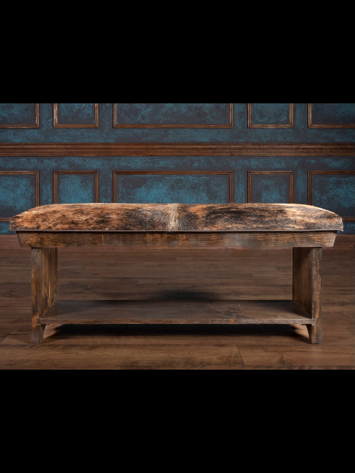 Pecan Brindle Cowhide Bench with Shelf