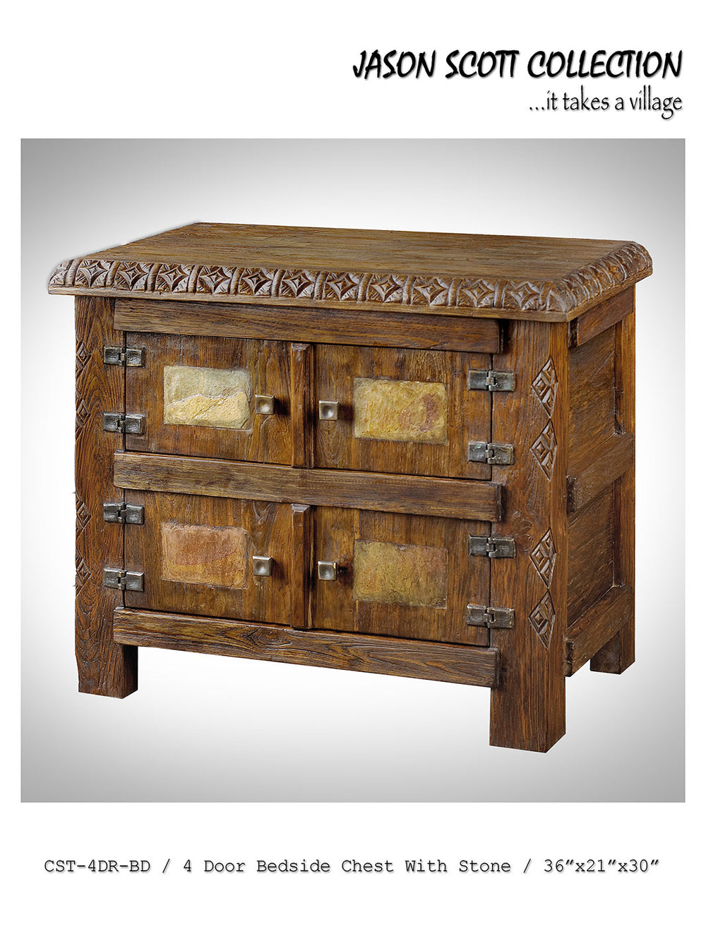 A brown wooden Jason Scott 4-door bedside chest with stone inlays and iron accents, featuring vintage style handles and hand-carved designs.