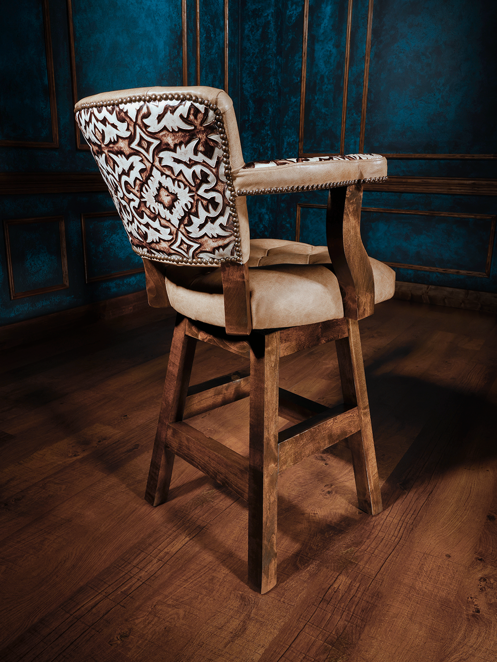 back view of alf western leather bar stool