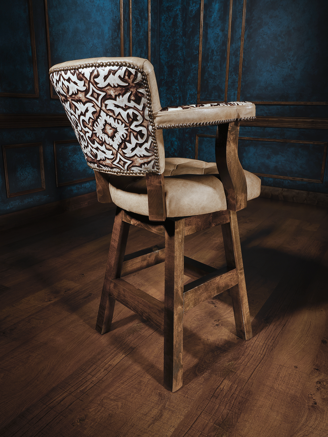 back view of alf western leather bar stool