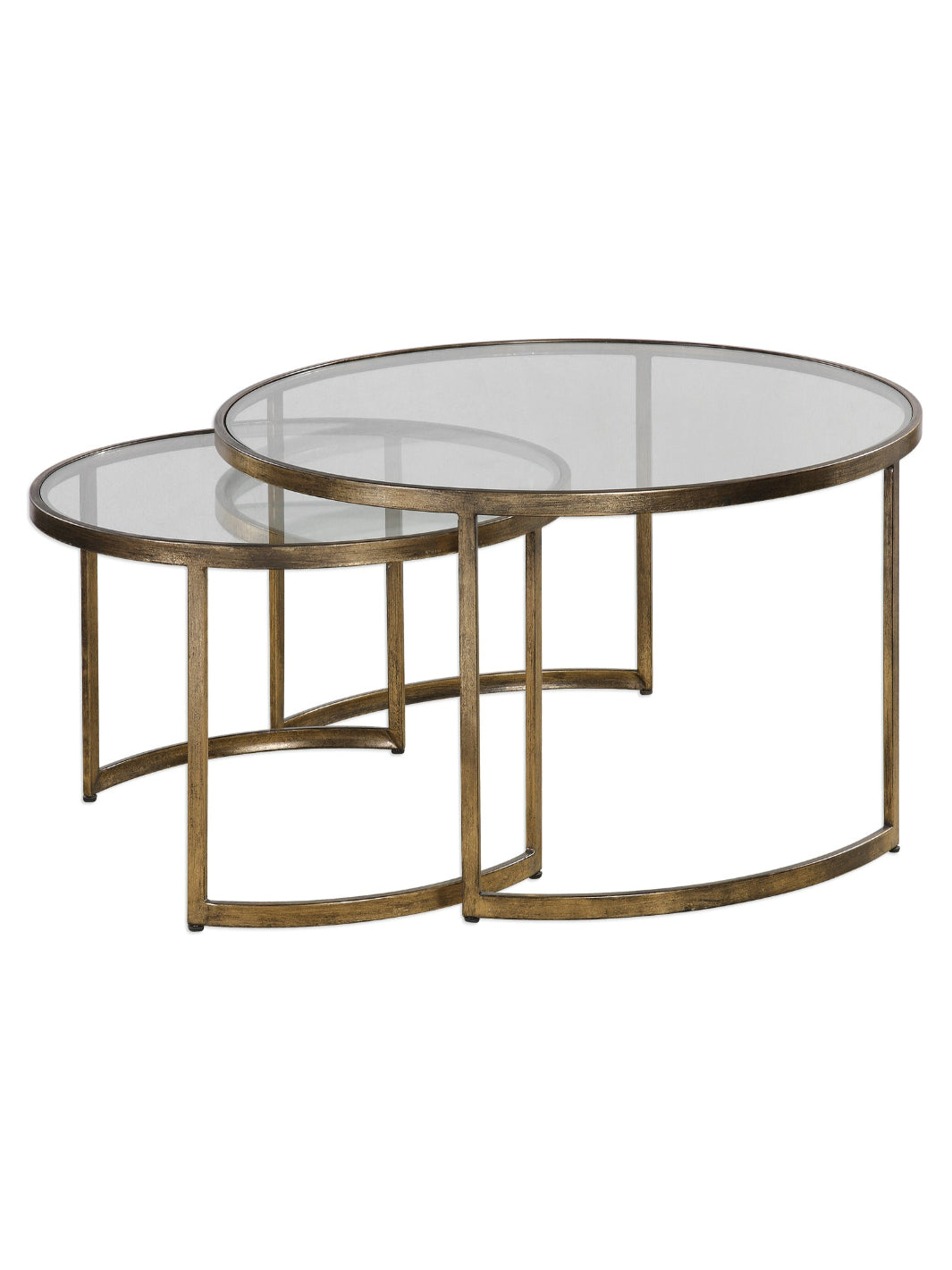 Set of two gold-framed glass tables on a white background