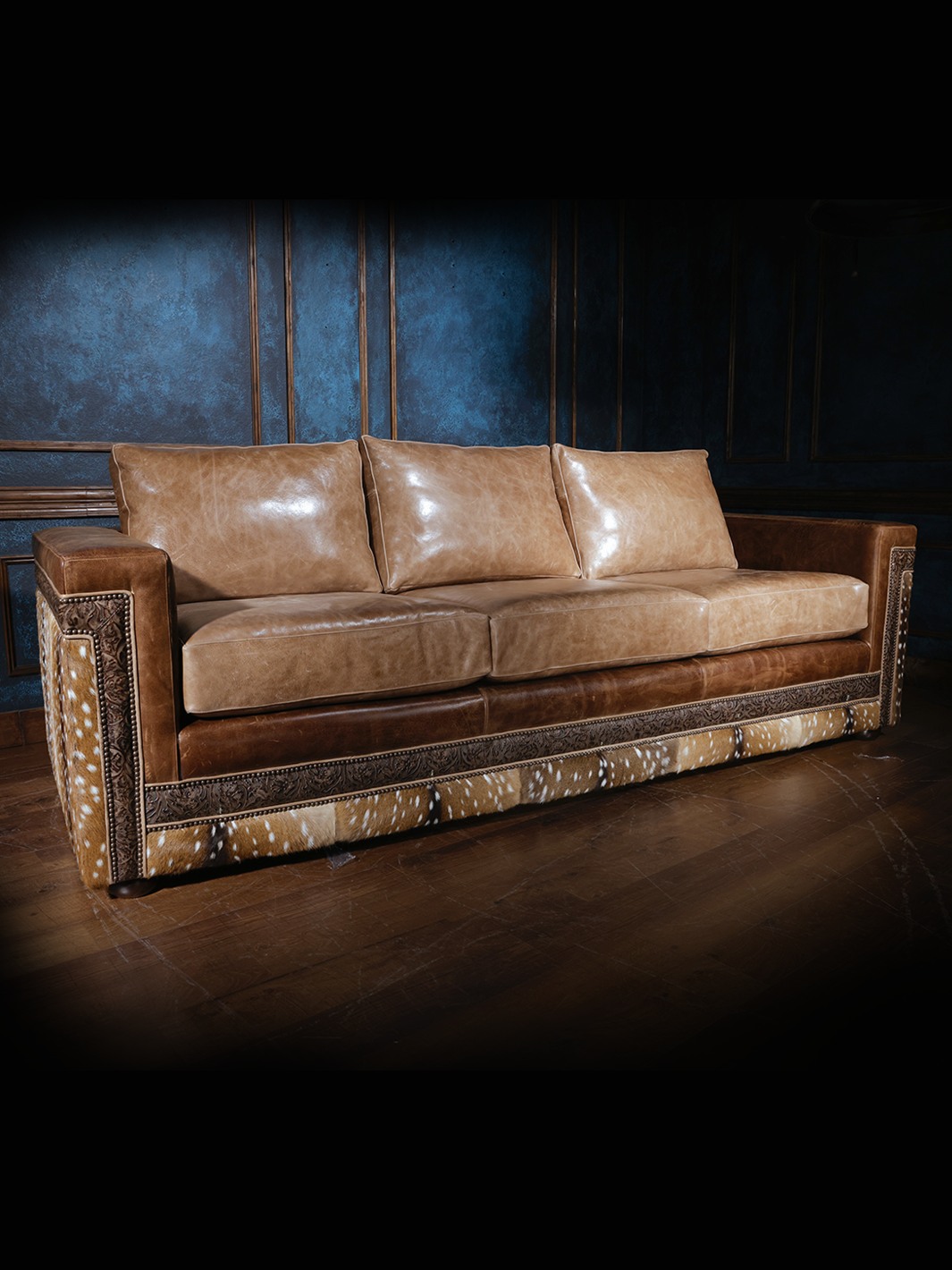 Architect Axis Leather Sofa in full-grain tan leather cushions and embossed western leather accents in a western living room.