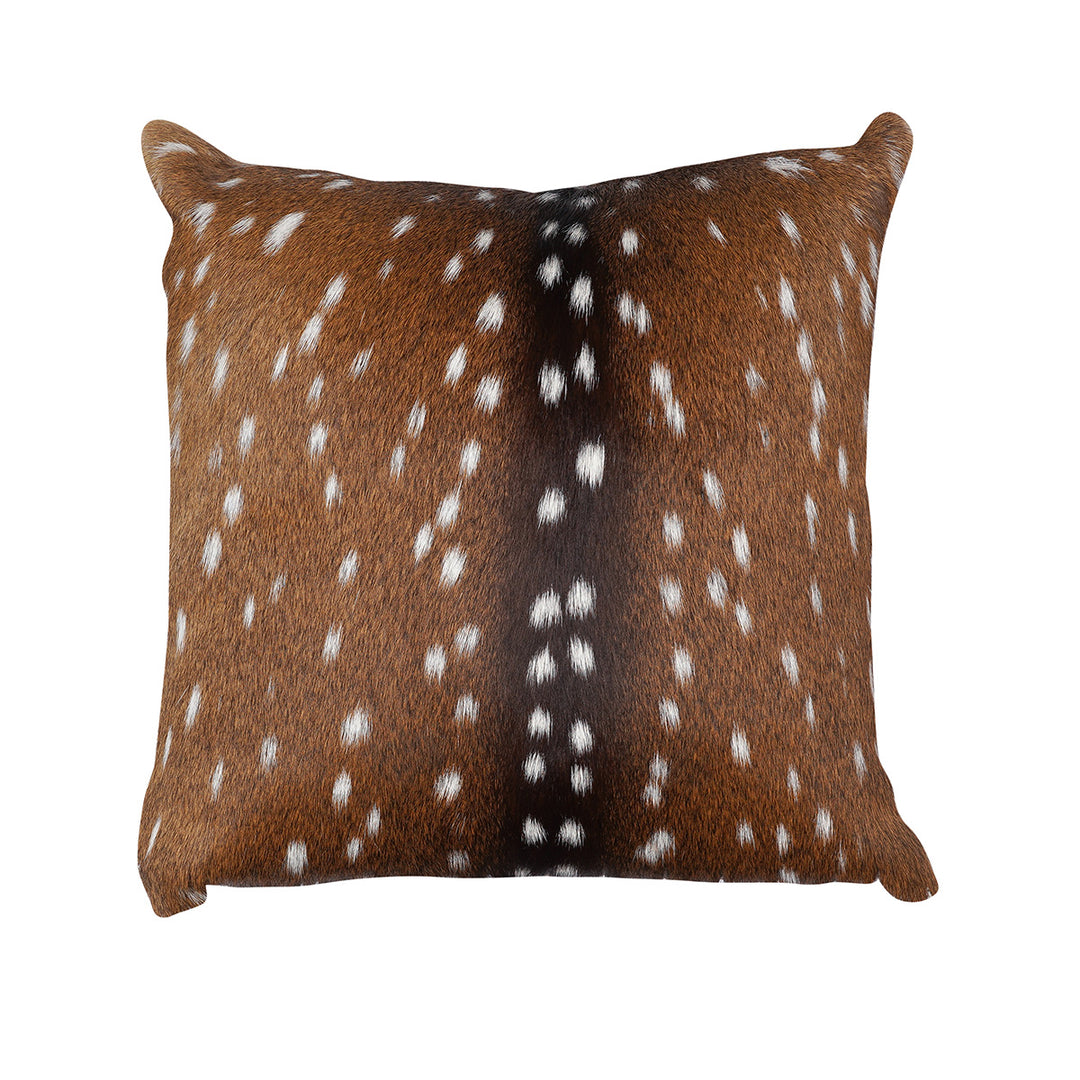 Square throw pillow upholstered in embossed axis hide, featuring a rich brown color with white spots along the center and edges.