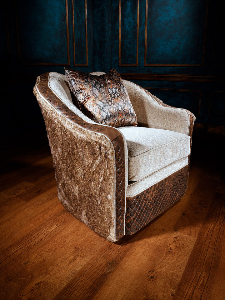 fabric and leather swivel chair with decorative pillow