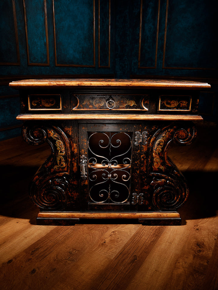 front view of dark brown wooden chest with iron
