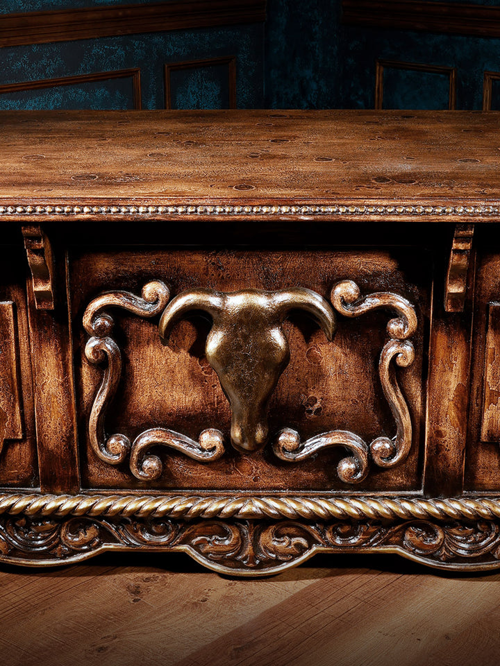 close up view of brown wooden western style desk
