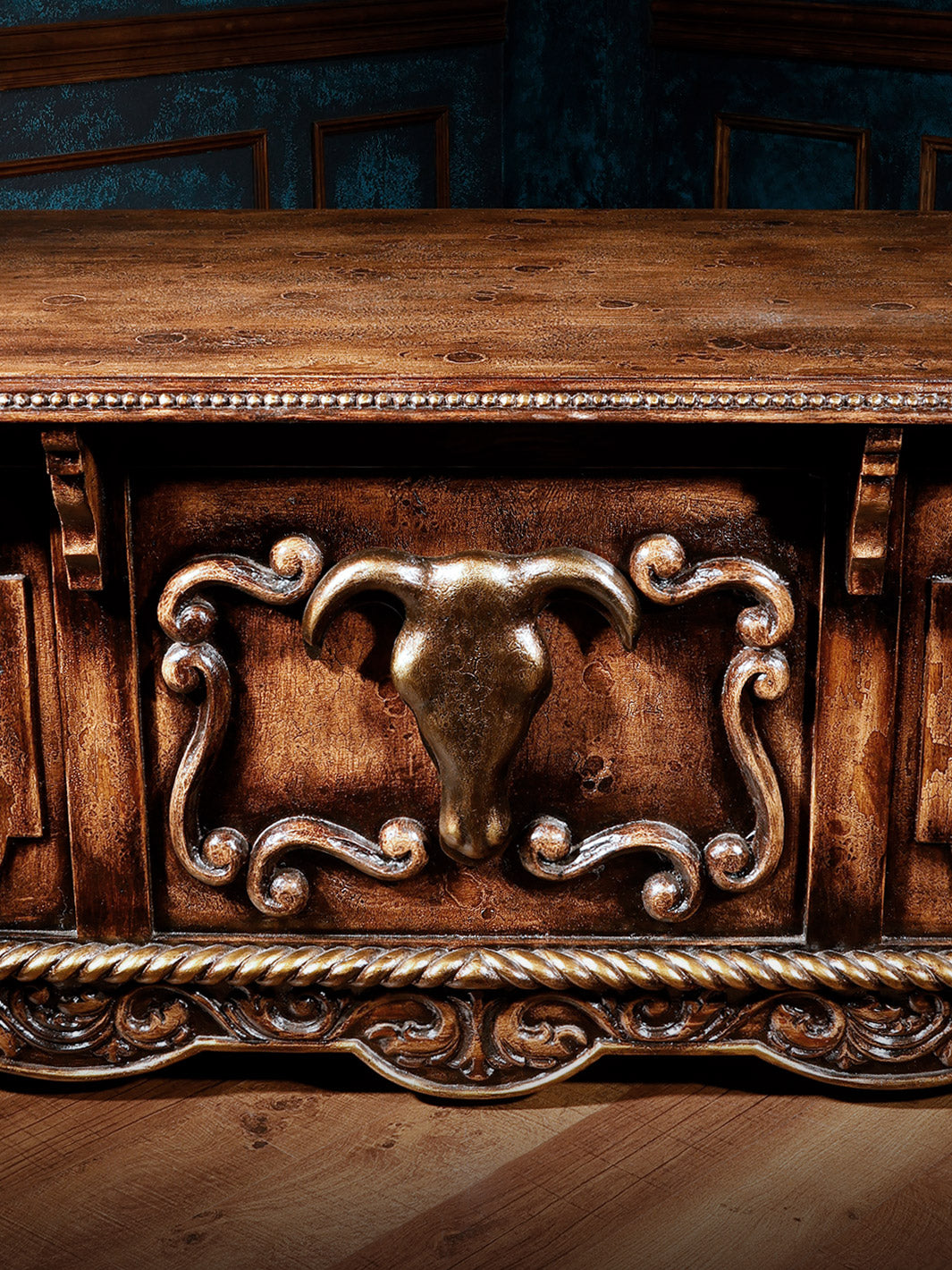 close up view of brown wooden western style desk