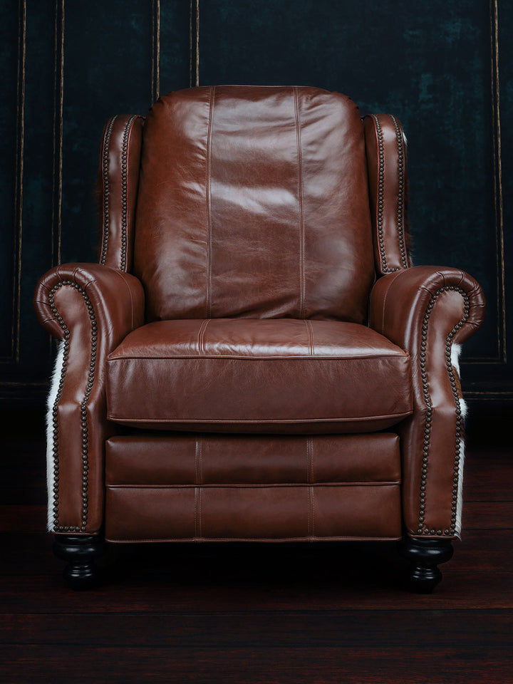 front view of brown leather recliner with tri color cowhide