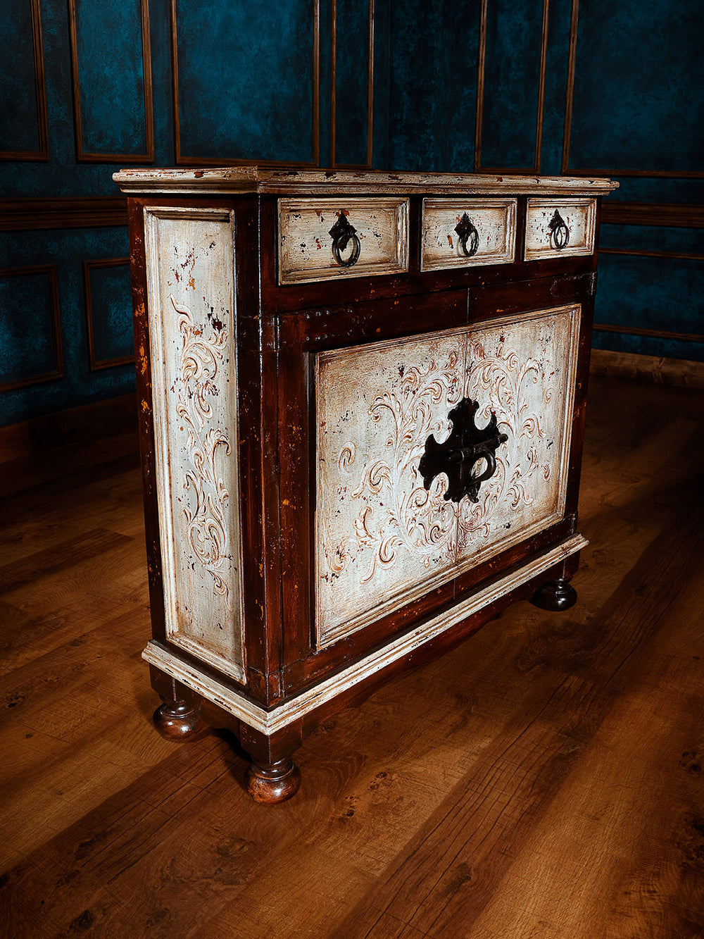 side view of brown and white wooden chest