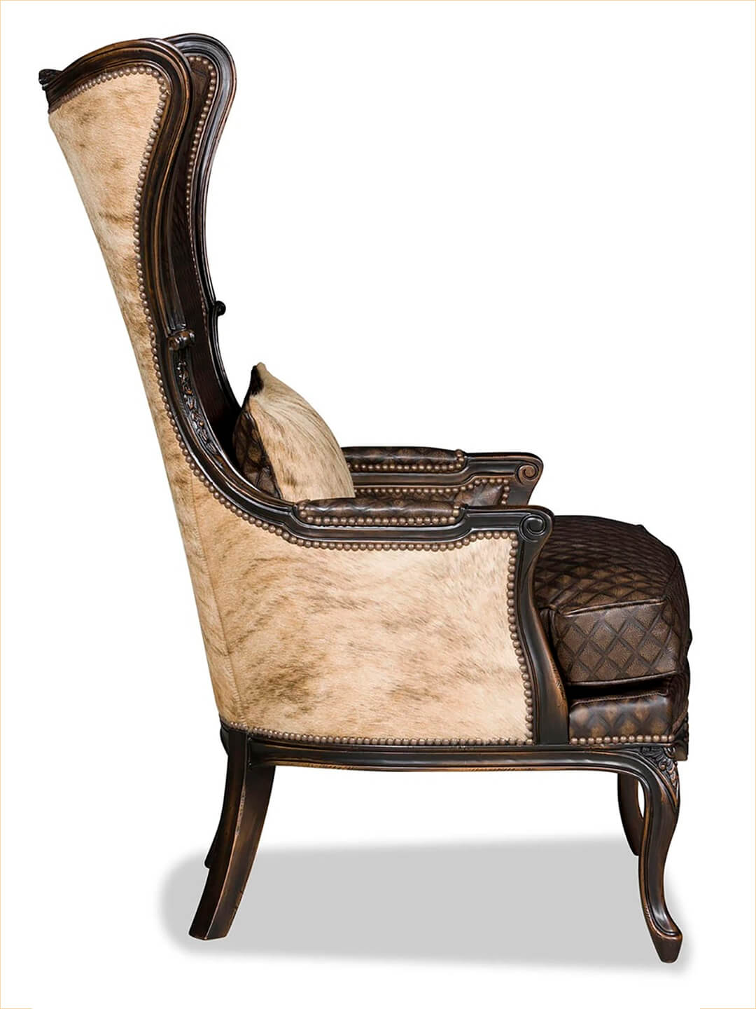 side view of brown leather axis chair with light hide on back