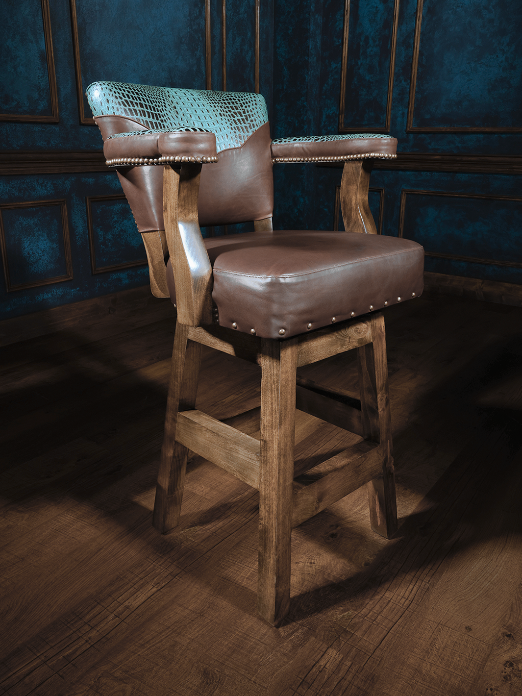 brown and turquoise western barstool