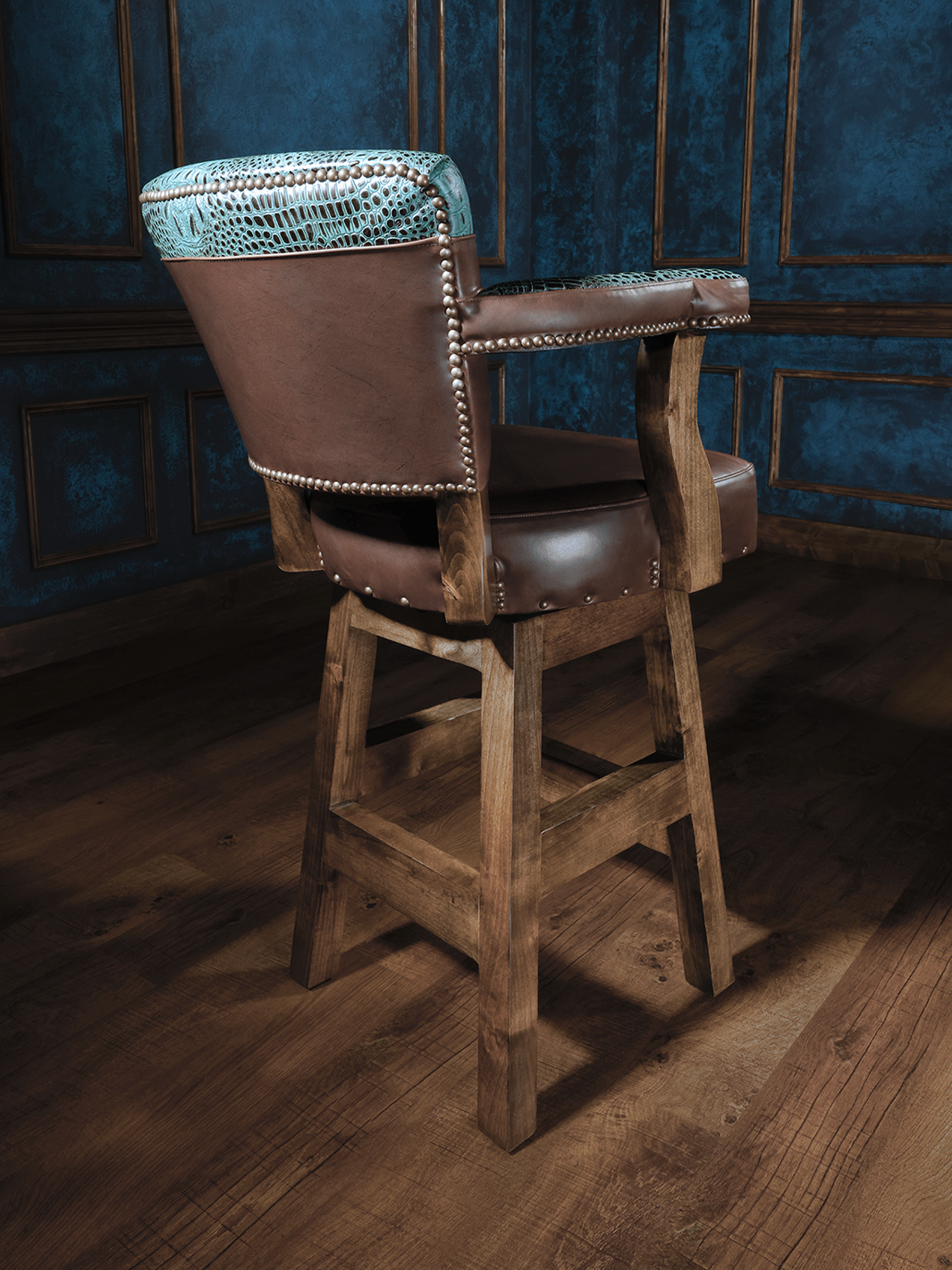 brown western bar stool with croc